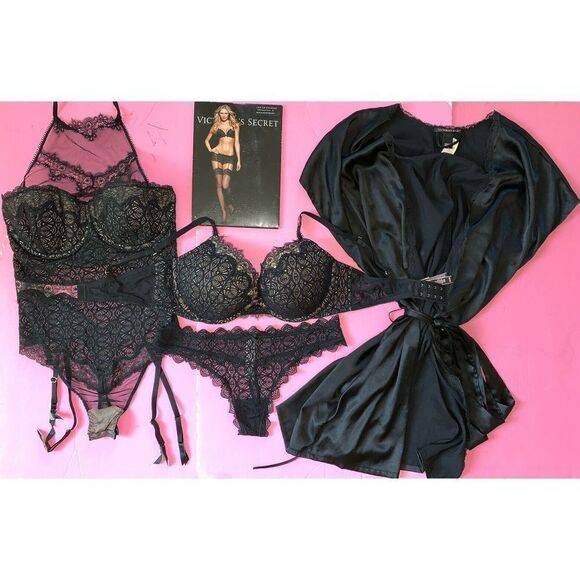 Victoria's Secret Other - Victoria's Secret 36D BRA SET+garter TEDDY+L thong+ROBE BLACK embroidered lace